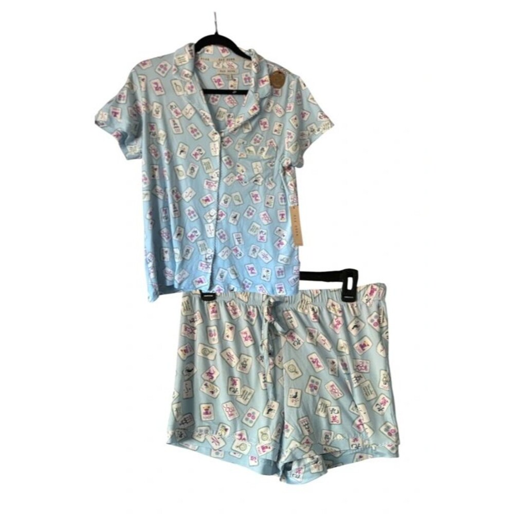 Rae Dunn Mahjong Tile Short Sleeve Pajama Set Light Blue medium